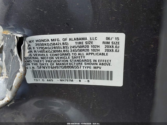 Продаж на аукціоні авто 2016 Honda Pilot Touring, vin: 5FNYF6H97GB006557, номер лоту: 44479140