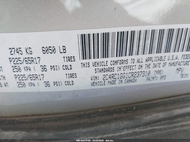 44479165 :رقم المزاد ، 2C4RC1GG1CR237310 vin ، 2012 Chrysler Town & Country Limited مزاد بيع
