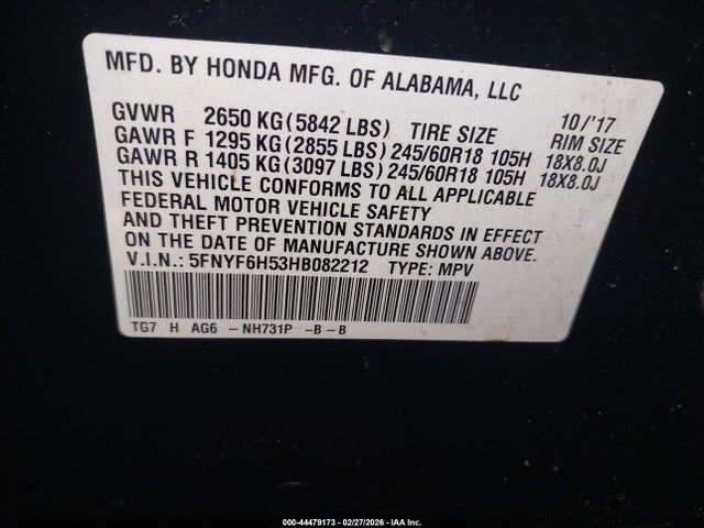 Продажа на аукционе авто 2017 Honda Pilot Ex-l, vin: 5FNYF6H53HB082212, номер лота: 44479173