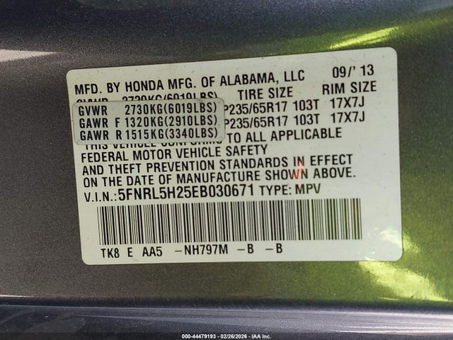 5FNRL5H25EB030671 Honda ODYSSEY LX