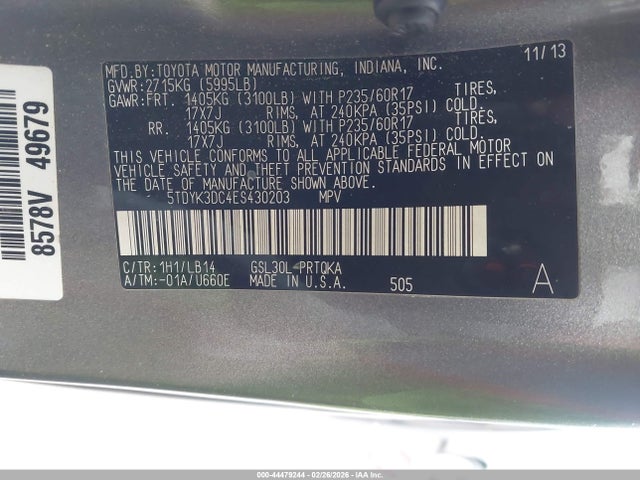 Aukcja sprzedaży 2014 Toyota Sienna Xle V6 8 Passenger, vin: 5TDYK3DC4ES430203, numer aukcji: 44479244