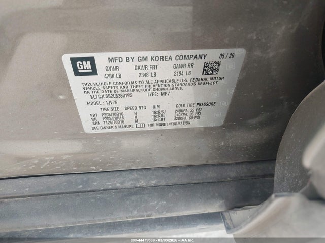 44479309 :رقم المزاد ، KL7CJLSB2LB350195 vin ، 2020 Chevrolet Trax Fwd Lt مزاد بيع
