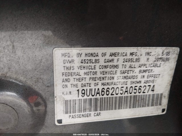 44479320 :رقم المزاد ، 19UUA66205A056274 vin ، 2005 Acura Tl مزاد بيع