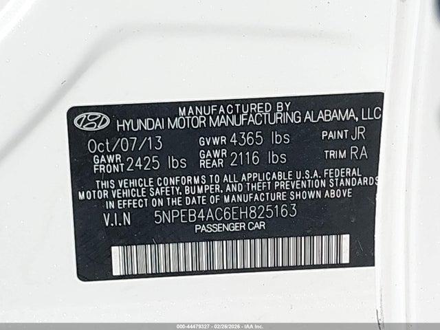 2014 Hyundai Sonata Gls მანქანა იყიდება აუქციონზე, vin: 5NPEB4AC6EH825163, აუქციონის ნომერი: 44479327