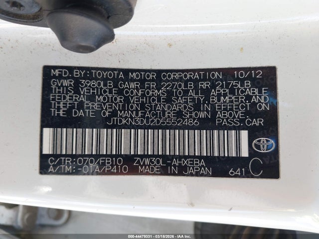 44479331 :رقم المزاد ، JTDKN3DU2D5552486 vin ، 2013 Toyota Prius Two مزاد بيع