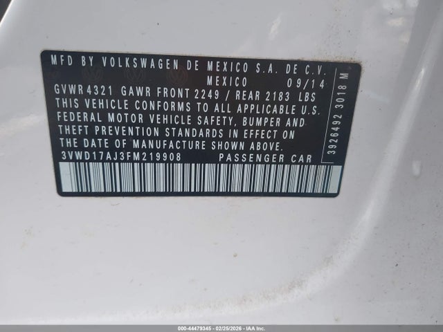 Aukcja sprzedaży 2015 Volkswagen Jetta 1.8t Sport, vin: 3VWD17AJ3FM219908, numer aukcji: 44479345