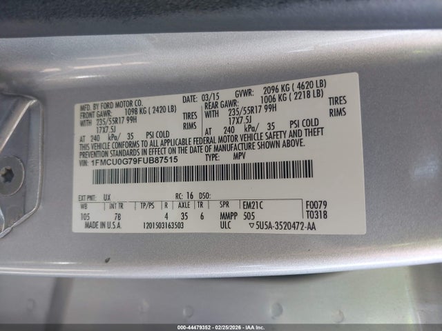 Ford ESCAPE SE 2015 1FMCU0G79FUB87515 Image 9