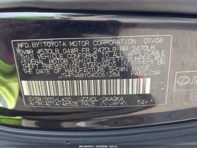 Aukcja sprzedaży 2004 Lexus Sc 430, vin: JTHFN48Y040061284, numer aukcji: 44479371
