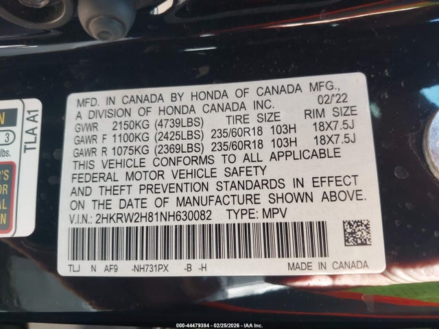 2HKRW2H81NH630082 Honda Cr-v Awd Ex-l