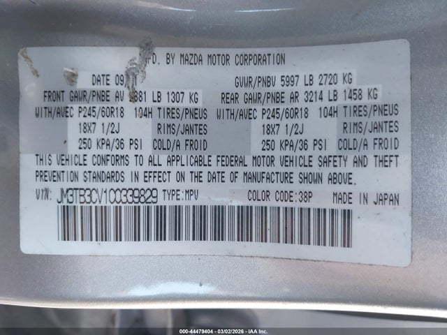 44479404 :رقم المزاد ، JM3TB3CV1C0339829 vin ، 2012 Mazda Cx-9 Touring مزاد بيع