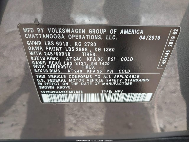 2019 VOLKSWAGEN ATLAS 1V2UR2CA2KC557838 Photo 8