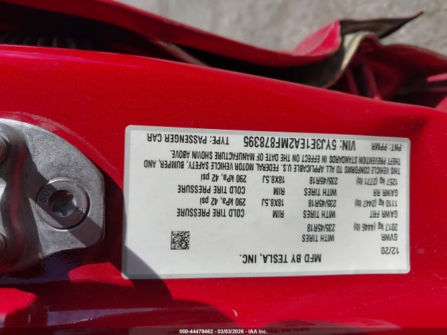 Продажа на аукционе авто 2021 Tesla Model 3 Standard Range Plus Rear-wheel Drive, vin: 5YJ3E1EA2MF878395, номер лота: 44479462