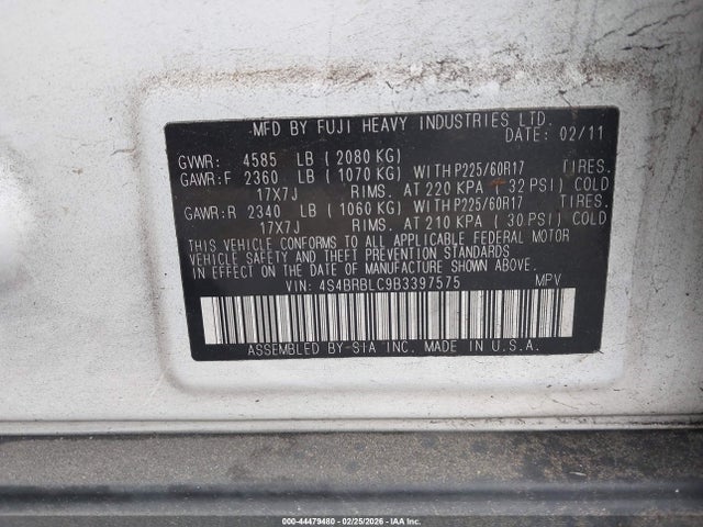 44479480 :رقم المزاد ، 4S4BRBLC9B3397575 vin ، 2011 Subaru Outback 2.5i Limited مزاد بيع