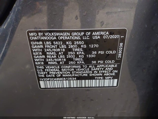 Продаж на аукціоні авто 2021 Volkswagen Atlas Se, vin: 1V2DP2CA9MC512534, номер лоту: 44479482