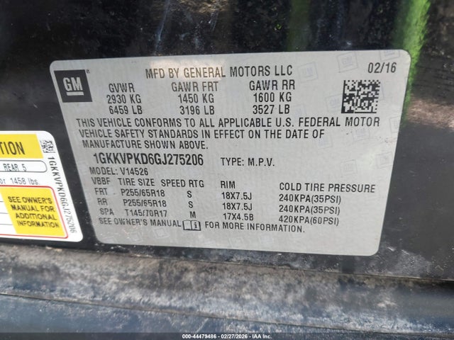 Aukcja sprzedaży 2016 Gmc Acadia Sle-2, vin: 1GKKVPKD6GJ275206, numer aukcji: 44479486