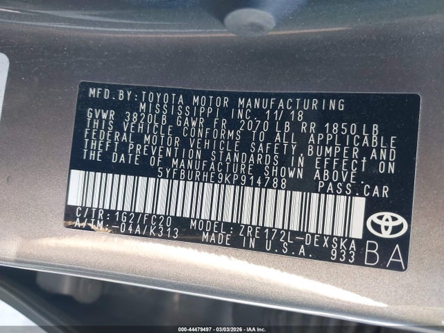 5YFBURHE9KP914788 Toyota COROLLA SE