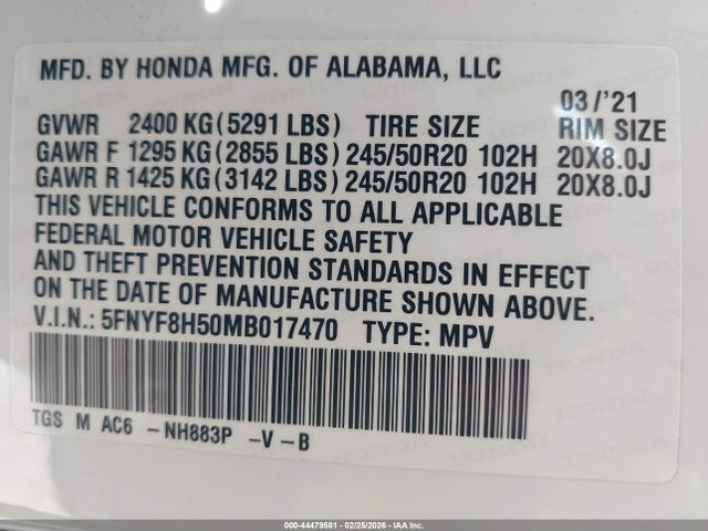 5FNYF8H50MB017470 Honda Passport Awd Ex-l