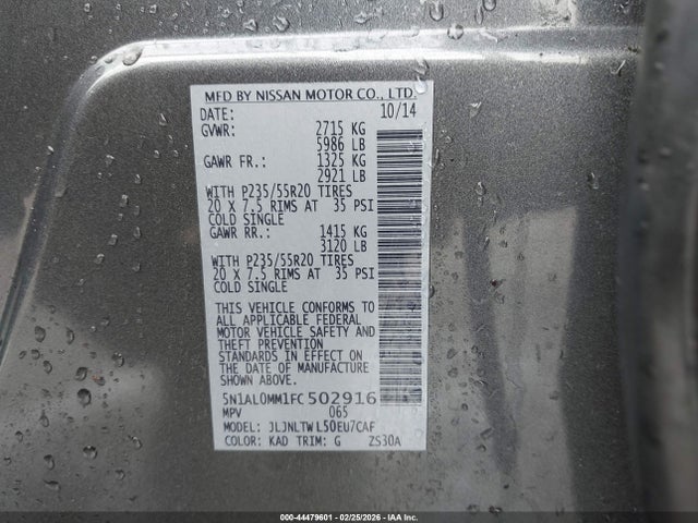 44479601 :رقم المزاد ، 5N1AL0MM1FC502916 vin ، 2015 Infiniti Qx60 مزاد بيع