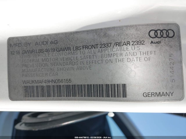 44479615 :رقم المزاد ، WAUKMAF49HN056155 vin ، 2017 Audi A4 2.0t Season Of Audi Ultra Premium مزاد بيع