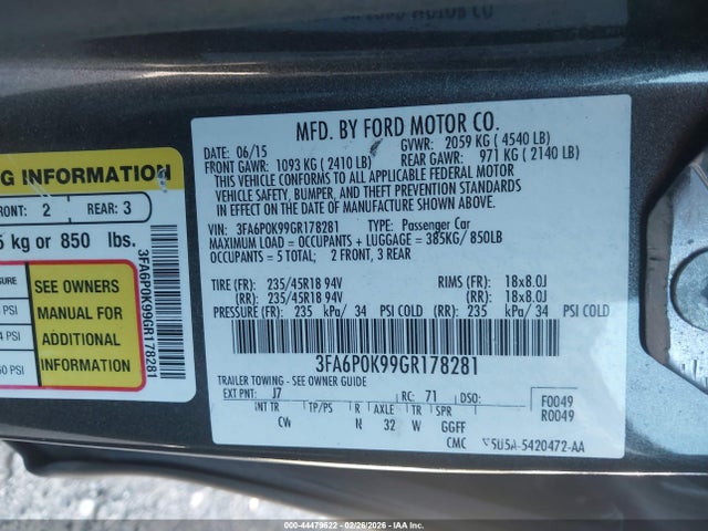 2016 Ford Fusion Titanium მანქანა იყიდება აუქციონზე, vin: 3FA6P0K99GR178281, აუქციონის ნომერი: 44479622