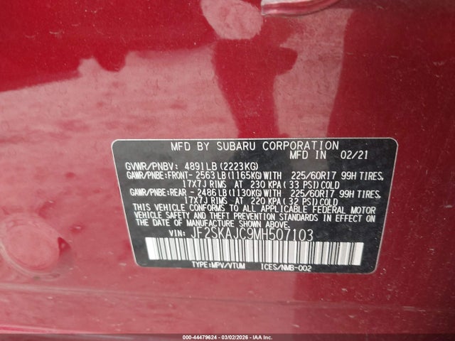 Продаж на аукціоні авто 2021 Subaru Forester Premium, vin: JF2SKAJC9MH507103, номер лоту: 44479624