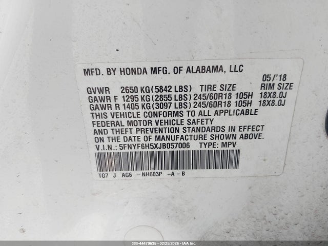 5FNYF6H5XJB057006 Honda Pilot Ex-l