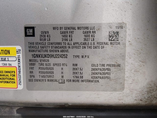 Продажа на аукционе авто 2017 Chevrolet Traverse Premier, vin: 1GNKVJKD9HJ224252, номер лота: 44479661