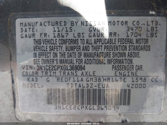 3N1CE2CPXGL369094 Nissan Versa Note S (sr)/s Plus/sl/sr/sv