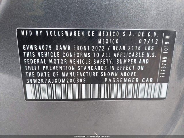 Aukcja sprzedaży 2013 Volkswagen Jetta 2.0l S, vin: 3VW2K7AJXDM200399, numer aukcji: 44479673