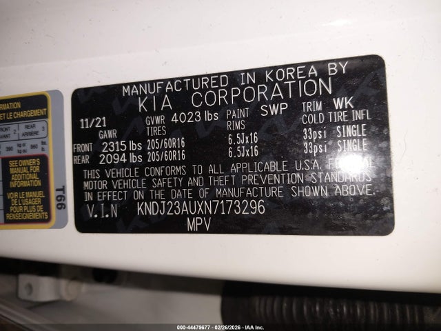 2022 Kia Soul Lx მანქანა იყიდება აუქციონზე, vin: KNDJ23AUXN7173296, აუქციონის ნომერი: 44479677