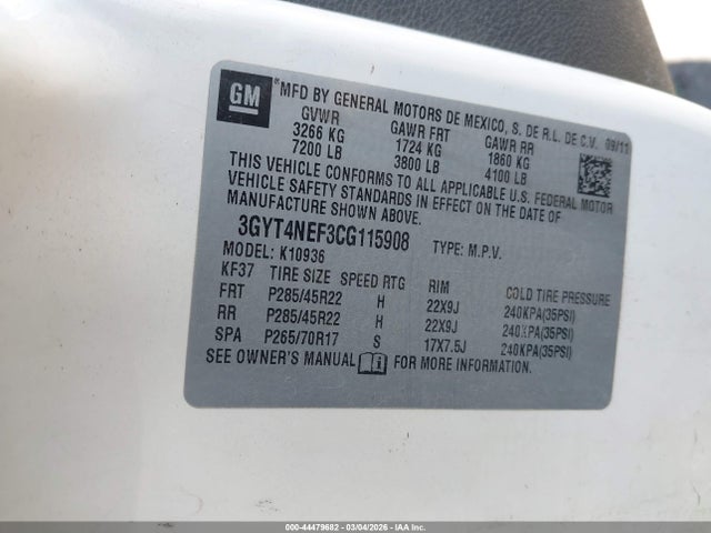 Продаж на аукціоні авто 2012 Cadillac Escalade Ext Premium, vin: 3GYT4NEF3CG115908, номер лоту: 44479682