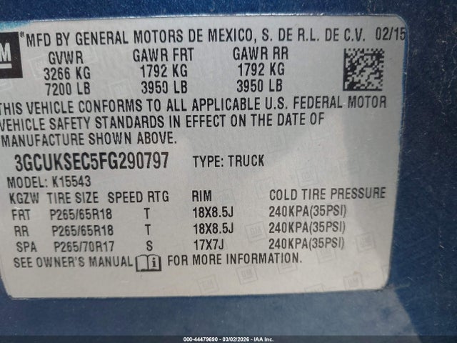 Aukcja sprzedaży 2015 Chevrolet Silverado 1500 2lz, vin: 3GCUKSEC5FG290797, numer aukcji: 44479690
