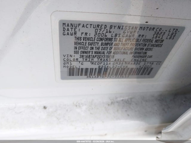 3N1AB7AP2GY315615 Nissan SENTRA SV