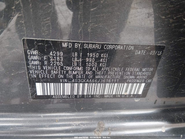 44479708 :رقم المزاد ، 4S3GKAA66J3616111 vin ، 2018 Subaru Impreza 2.0i مزاد بيع