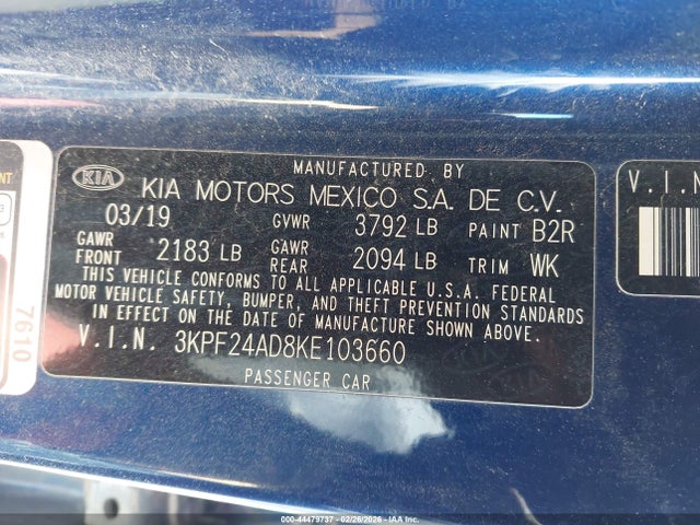2019 Kia Forte Lxs მანქანა იყიდება აუქციონზე, vin: 3KPF24AD8KE103660, აუქციონის ნომერი: 44479737