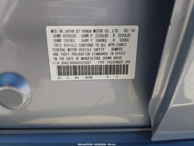 44479749 :رقم المزاد ، JH4CL96866C025867 vin ، 2006 Acura Tsx مزاد بيع