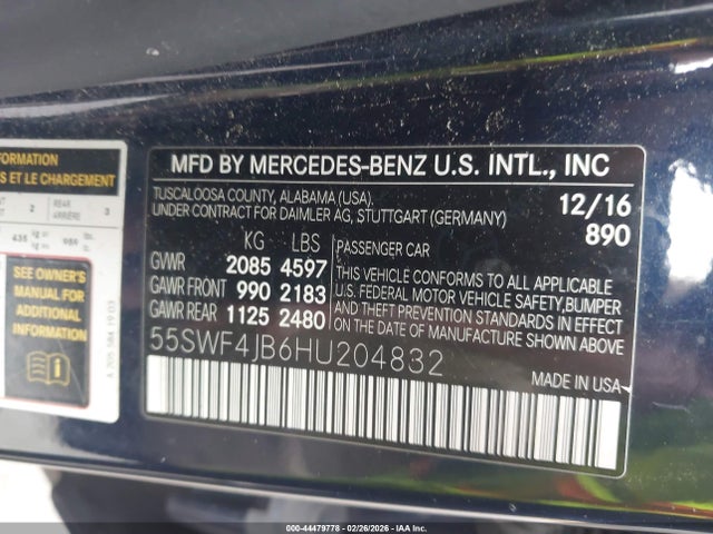2017 Mercedes-benz C 300 მანქანა იყიდება აუქციონზე, vin: 55SWF4JB6HU204832, აუქციონის ნომერი: 44479778