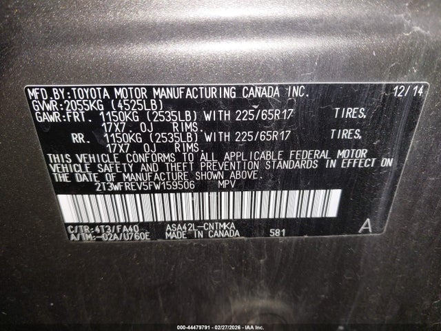 2T3WFREV5FW159506 Toyota Rav4 Xle