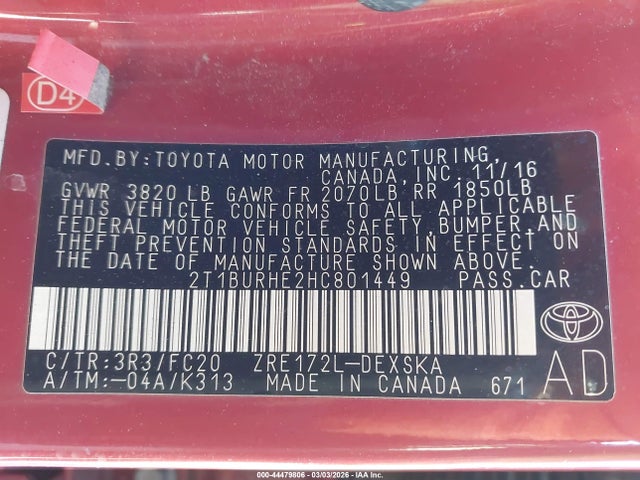 2T1BURHE2HC801449 Toyota COROLLA SE