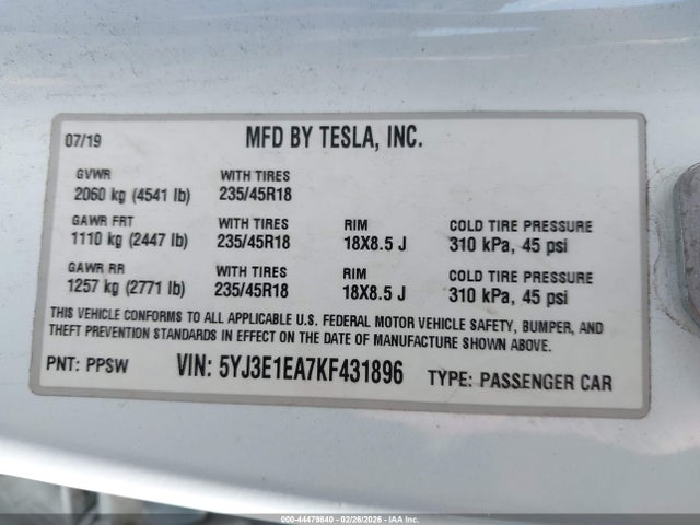 Aukcja sprzedaży 2019 Tesla Model 3 Long Range/mid Range/standard Range/standard Range Plus, vin: 5YJ3E1EA7KF431896, numer aukcji: 44479840