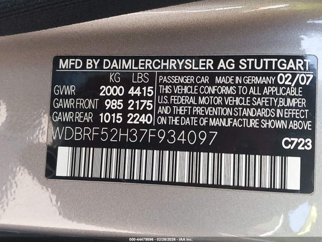 44479896 :رقم المزاد ، WDBRF52H37F934097 vin ، 2007 Mercedes-benz C 230 Sport مزاد بيع
