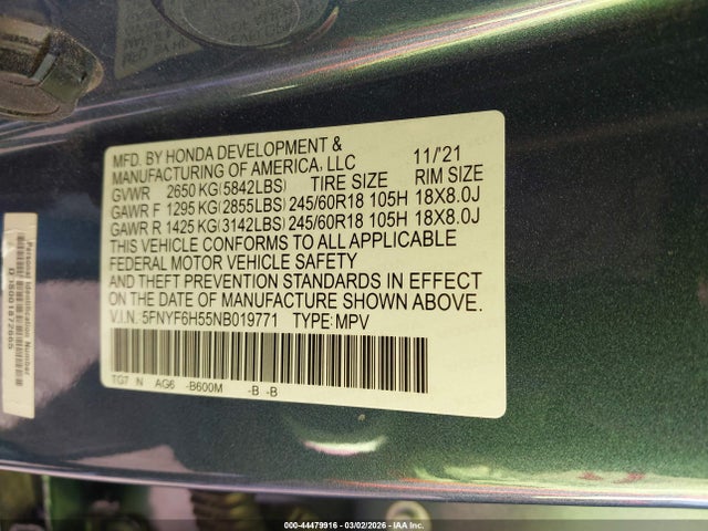 5FNYF6H55NB019771 Honda Pilot Awd Ex-l