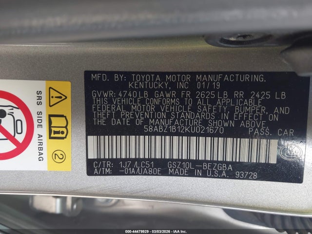 44479929 :رقم المزاد ، 58ABZ1B12KU021670 vin ، 2019 Lexus Es 350 Ultra Luxury مزاد بيع