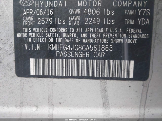 44479943 :رقم المزاد ، KMHFG4JG8GA561863 vin ، 2016 Hyundai Azera مزاد بيع