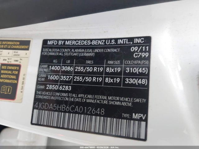 Продажа на аукционе авто 2012 Mercedes-benz Ml 350 4matic, vin: 4JGDA5HB6CA012648, номер лота: 44479980