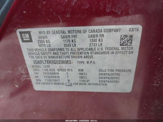 44479991 :رقم المزاد ، 2GKFLTEK8G6298963 vin ، 2016 Gmc Terrain Sle-2 مزاد بيع