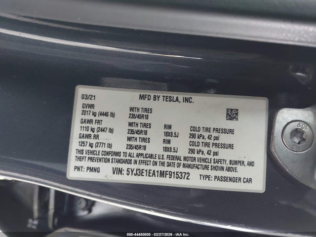 Продаж на аукціоні авто 2021 Tesla Model 3 Standard Range Plus Rear-wheel Drive, vin: 5YJ3E1EA1MF915372, номер лоту: 44480000
