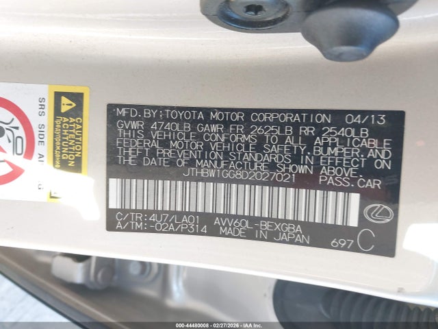 2013 Lexus Es 300h მანქანა იყიდება აუქციონზე, vin: JTHBW1GG8D2027021, აუქციონის ნომერი: 44480008
