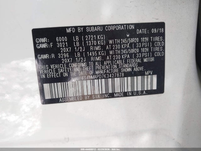 Aukcja sprzedaży 2019 Subaru Ascent Limited, vin: 4S4WMAPD7K3427878, numer aukcji: 44480012