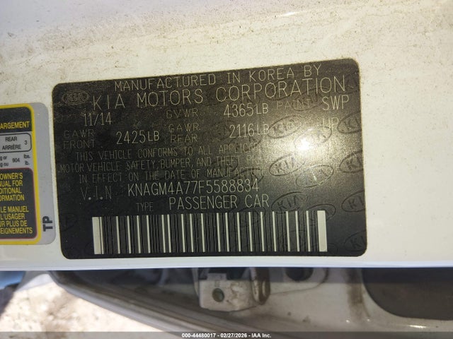 44480017 :رقم المزاد ، KNAGM4A77F5588834 vin ، 2015 Kia Optima Lx مزاد بيع